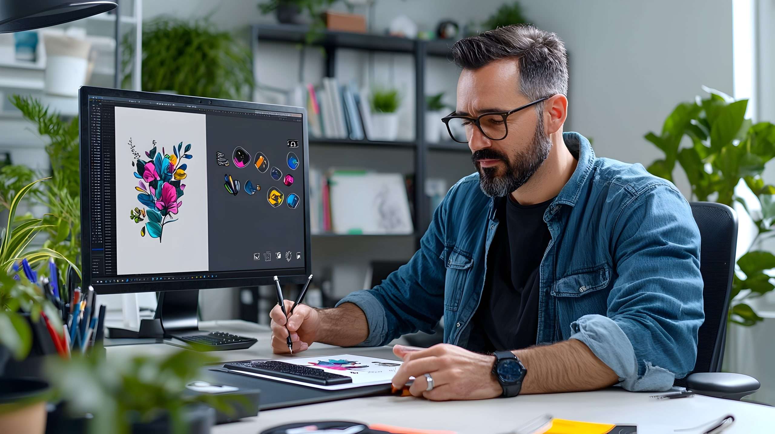 Graphic Designer Finalizing a Print Design on a Light Gray Backg